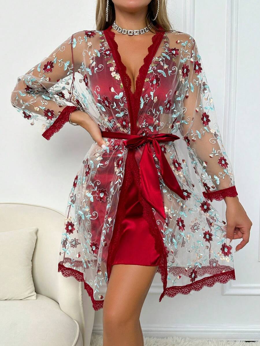 2 pièces Ensemble de nuisette et robe de chambre avec broderie florale sexy, vêtements d'automne