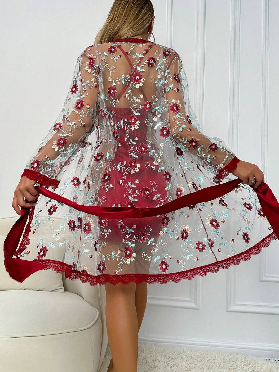 2 pièces Ensemble de nuisette et robe de chambre avec broderie florale sexy, vêtements d'automne