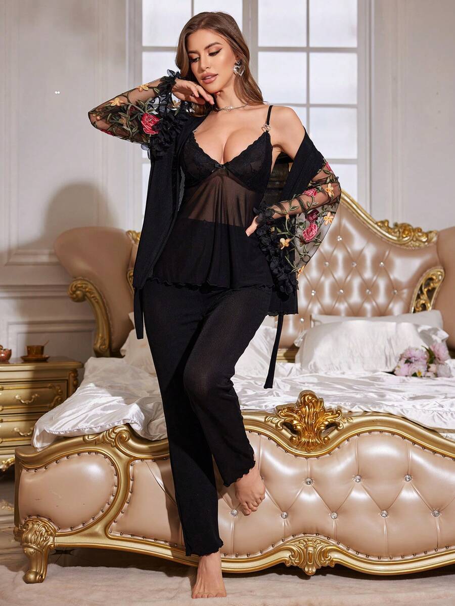 Slumberist 3 pièces Ensemble de pyjamas sexy pour femme avec patchwork en dentelle