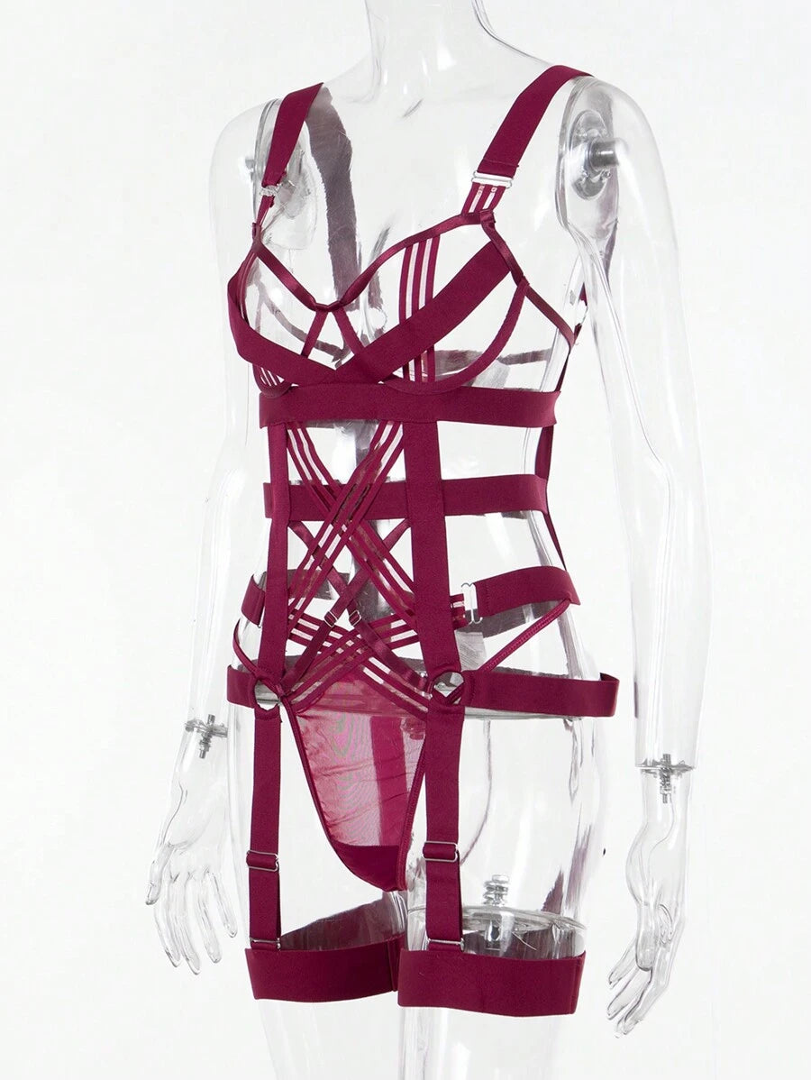 SpicyHot Ensemble de 4 pièces sexy pour femmes avec soutien-gorge à armatures, string, jarretelles. Design sexy, créatif, et romantique pour sortir