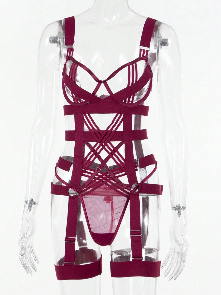 SpicyHot Ensemble de 4 pièces sexy pour femmes avec soutien-gorge à armatures, string, jarretelles. Design sexy, créatif, et romantique pour sortir