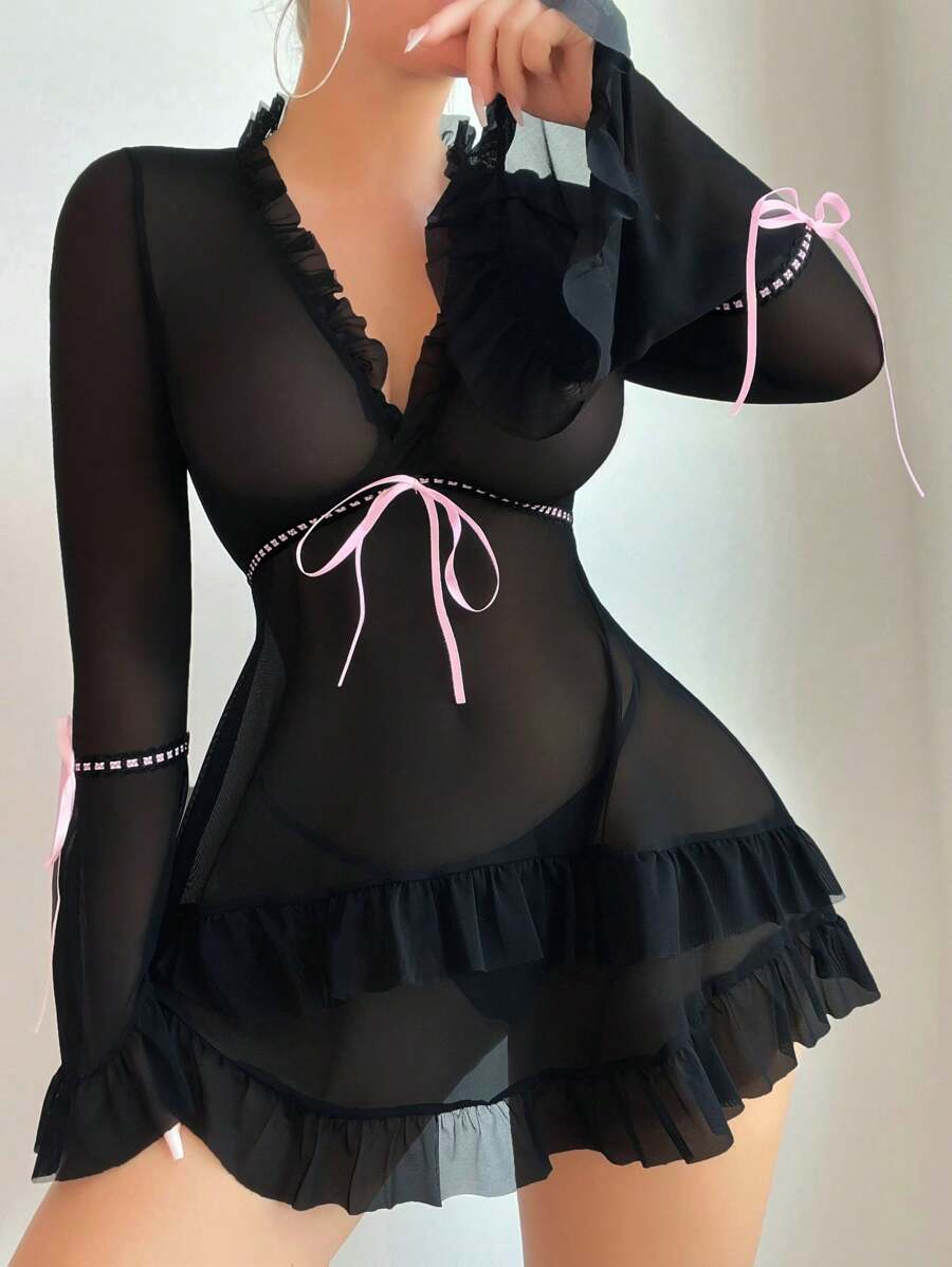 Robe de lingerie sexy à manches longues avec volants rétro