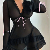 Robe de lingerie sexy à manches longues avec volants rétro