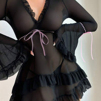 Robe de lingerie sexy à manches longues avec volants rétro