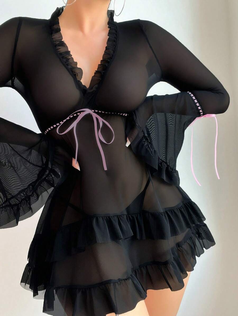 Robe de lingerie sexy à manches longues avec volants rétro