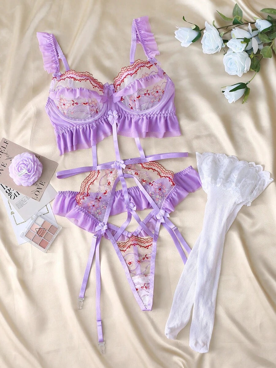 FloralLove Combinaison sexy pour femmes de style campagnard, romantique, avec empiècement ajouré, volants et manches courtes