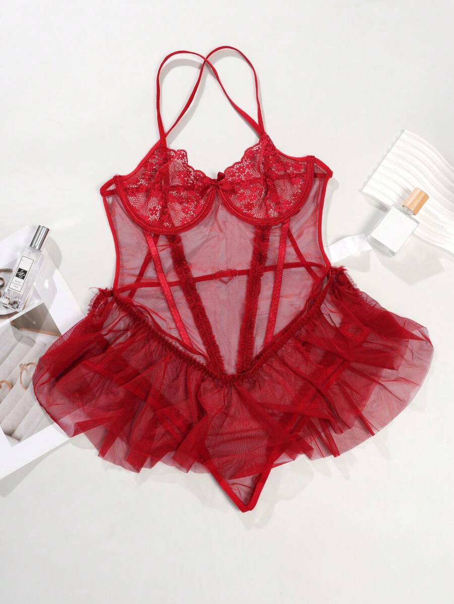 SpicyHot Body transparent à bretelles avec patchwork de dentelle