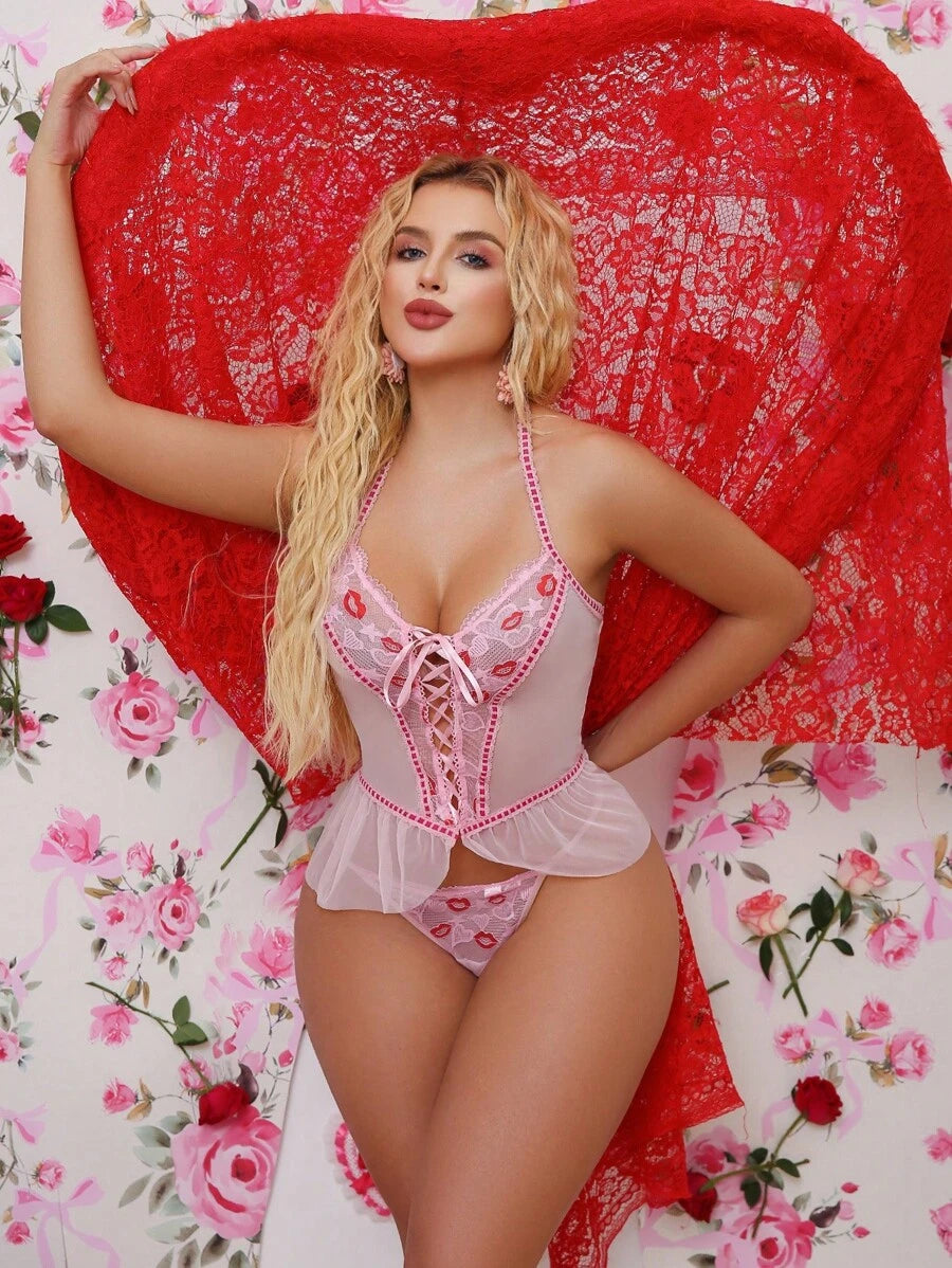 Ensemble de lingerie sexy pour femmes avec dentelle, patchwork, volants, cœur, lèvres, bretelles croisées