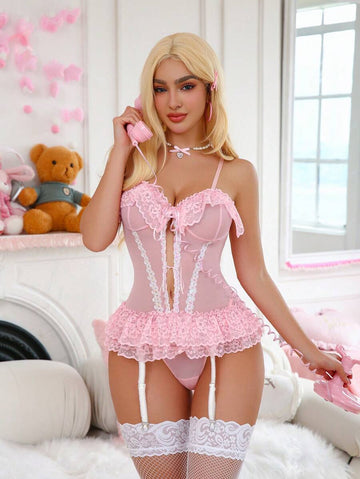PetitDoll Ensemble de 3 pièces : Nuisette affinante avec volant à paillettes, culottes et bas. Nuisette sexy