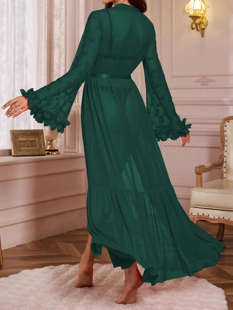 Robe ample à volant de tulle à décor floral 3D