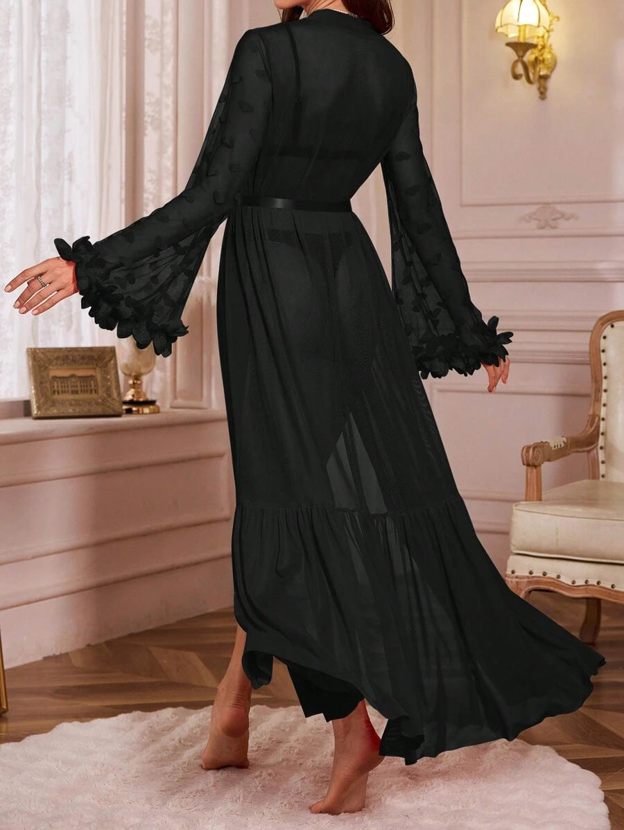 Robe ample à volant de tulle à décor floral 3D