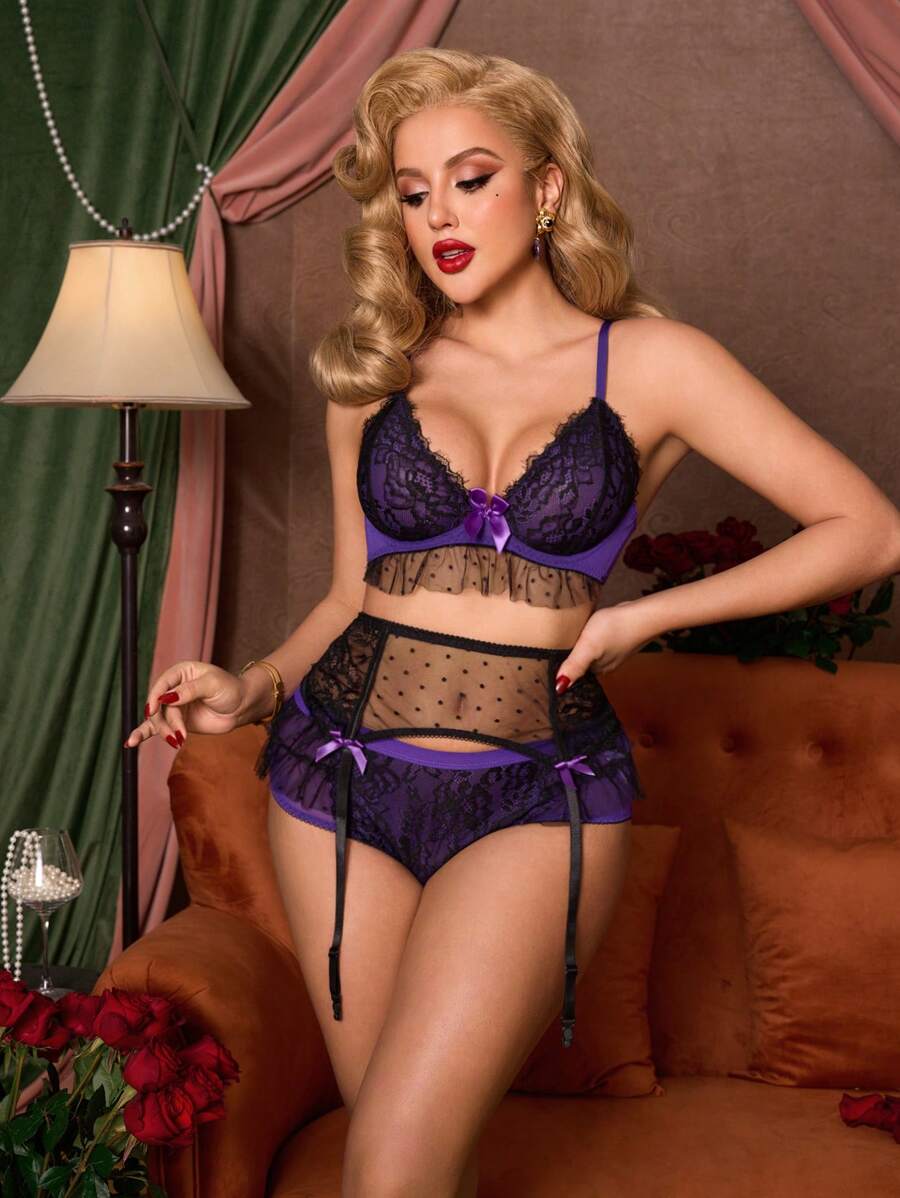 PinupGlam Ensemble de lingerie sexy pour femmes avec décoration en dentelle et nœud
