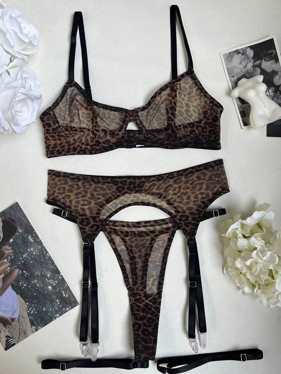 Ensemble de lingerie porte-jarretelles léopard transparent sauvage