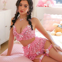 PetitDoll 4 pièces Ensemble de lingerie sexy pour femmes avec dentelle en forme de cœur, patchwork et volants pour la Saint-Valentin