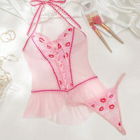 Ensemble de lingerie sexy pour femmes avec dentelle, patchwork, volants, cœur, lèvres, bretelles croisées