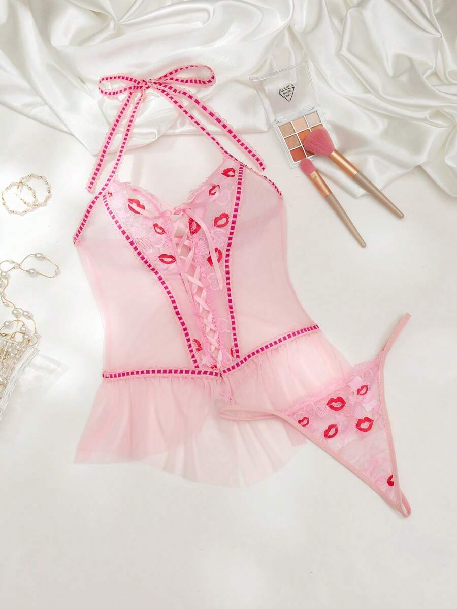 Ensemble de lingerie sexy pour femmes avec dentelle, patchwork, volants, cœur, lèvres, bretelles croisées