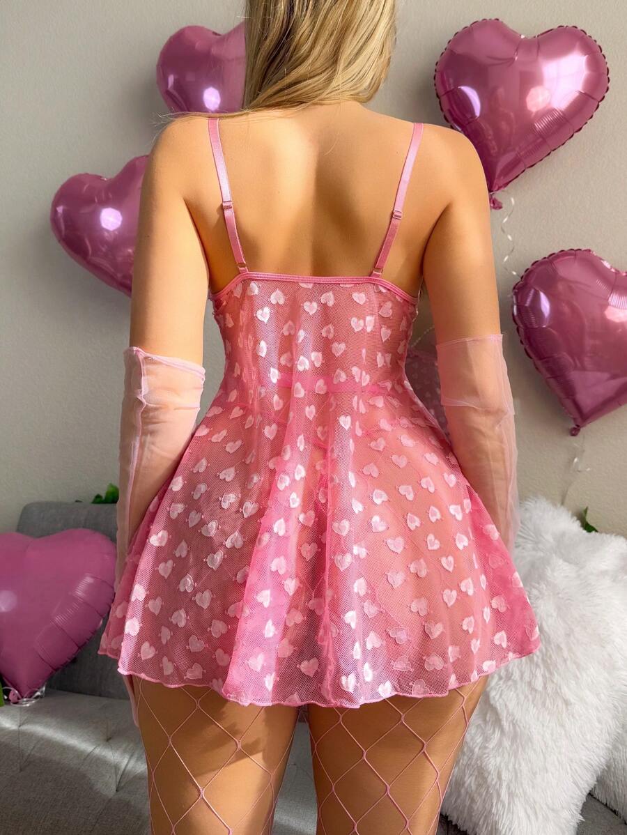 PetitDoll Ensemble de 4 pièces pour femme : nuisette transparente en dentelle ajourée avec imprimé en forme de cœur et string, parfait pour la Saint-Valentin