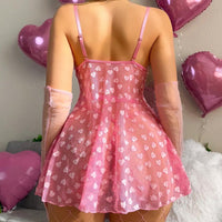 PetitDoll Ensemble de 4 pièces pour femme : nuisette transparente en dentelle ajourée avec imprimé en forme de cœur et string, parfait pour la Saint-Valentin