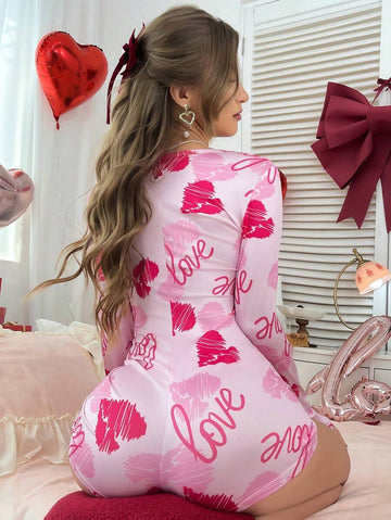 Ensemble de pyjama femme avec imprimé cœur et lettres anglaises pour la Saint-Valentin, automne