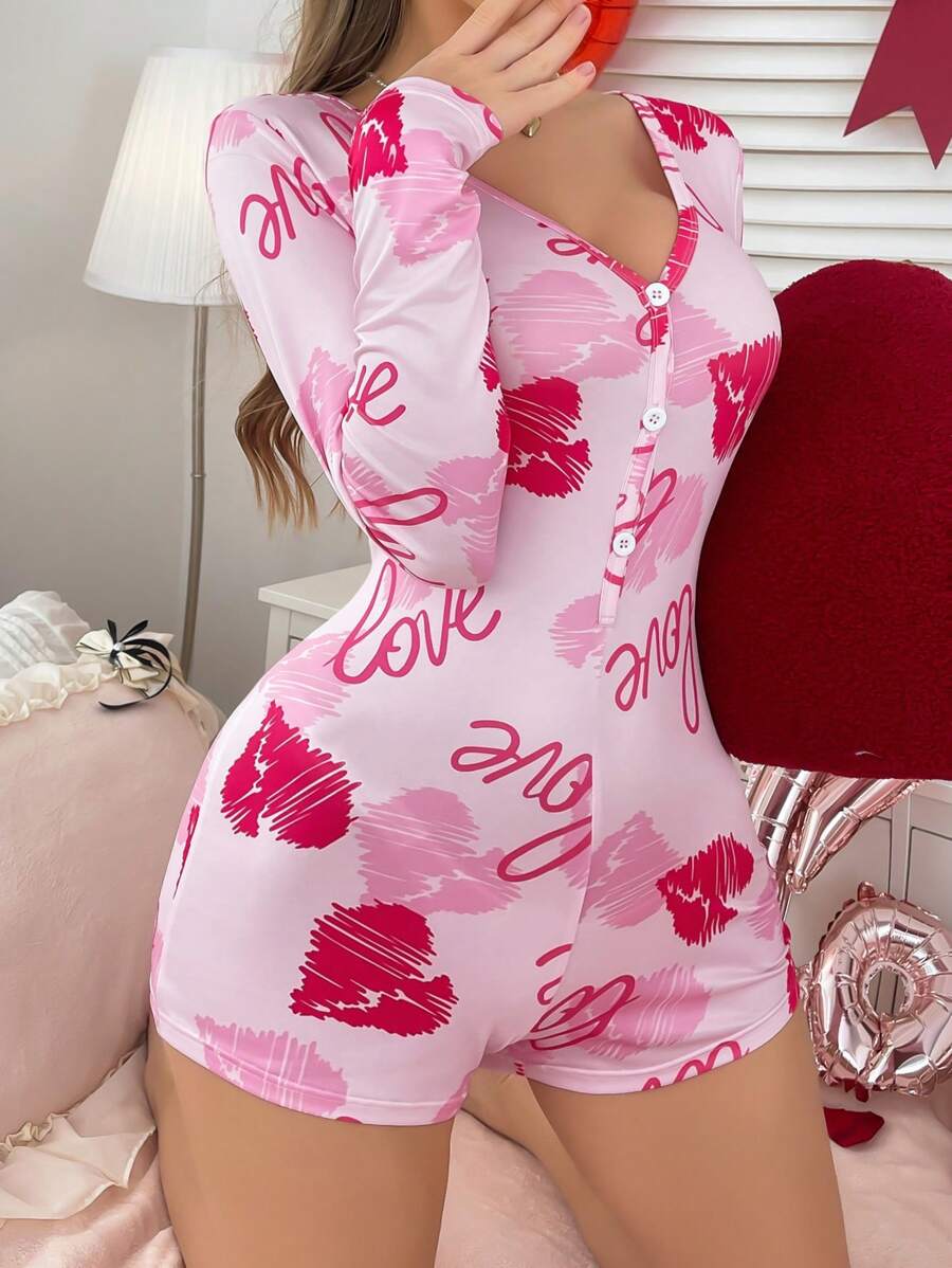 Ensemble de pyjama femme avec imprimé cœur et lettres anglaises pour la Saint-Valentin, automne