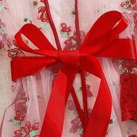 4 pièces Set: Robe en mousseline de soie à broderie florale + Soutien-gorge à armature en dentelle + Culotte tanga + Ceinture de taille