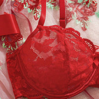 4 pièces Set: Robe en mousseline de soie à broderie florale + Soutien-gorge à armature en dentelle + Culotte tanga + Ceinture de taille