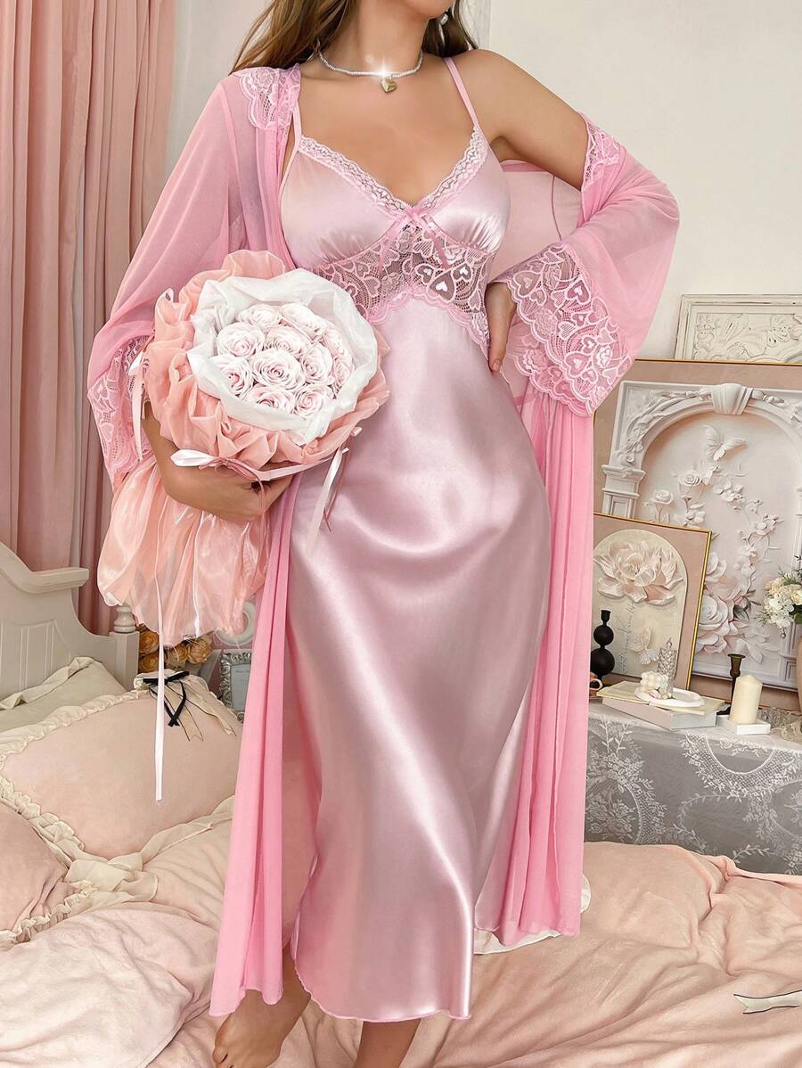 Ensemble de robe de chambre et de robe de nuit en satin élégant et dentelle, pour femmes, pour les vacances