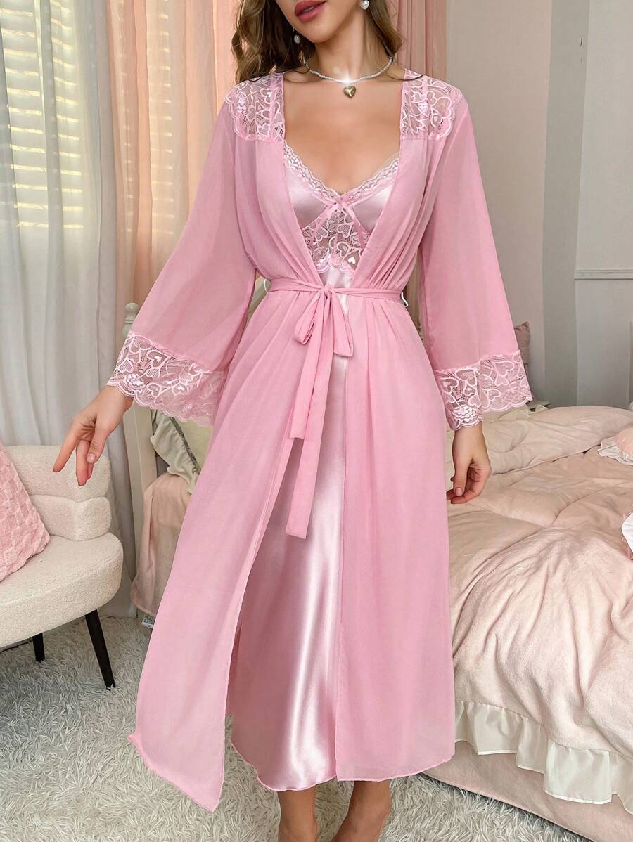 Ensemble de robe de chambre et de robe de nuit en satin élégant et dentelle, pour femmes, pour les vacances