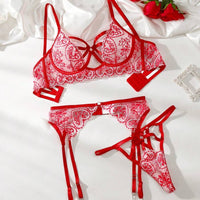 3 pièces Ensemble de lingerie sexy avec cœurs ajourés, croisé et à motif floral romantique