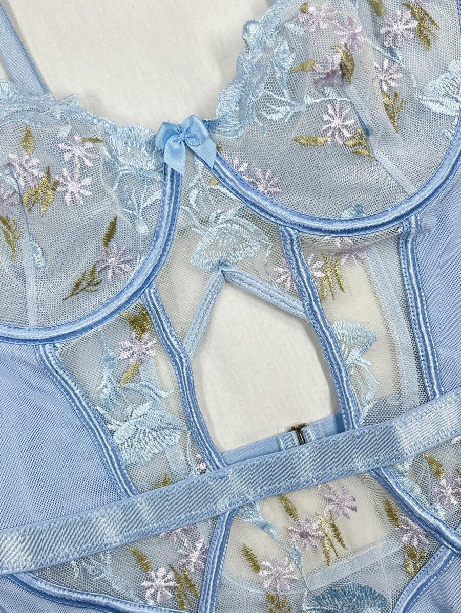 3 pièces Body lingerie avec armature, à broderie florale et en mesh