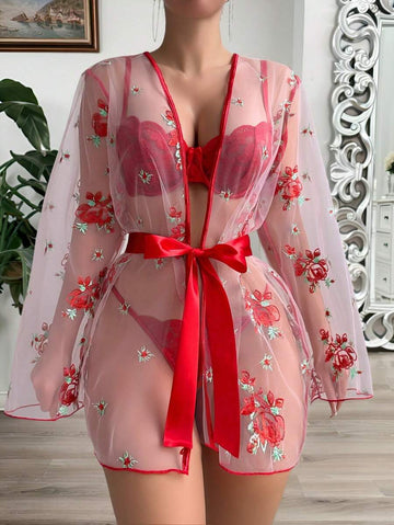 4 pièces Set: Robe en mousseline de soie à broderie florale + Soutien-gorge à armature en dentelle + Culotte tanga + Ceinture de taille