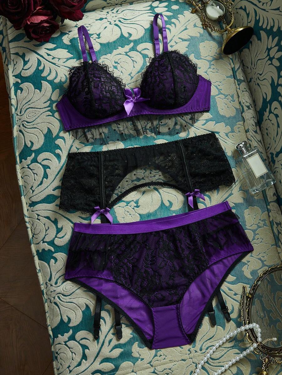 PinupGlam Ensemble de lingerie sexy pour femmes avec décoration en dentelle et nœud