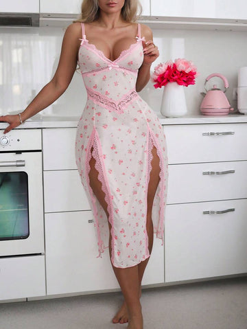 2 pièces/Set Robe de mariée sexy avec contraste de dentelle à imprimé floral romantique et insert en maille fendue