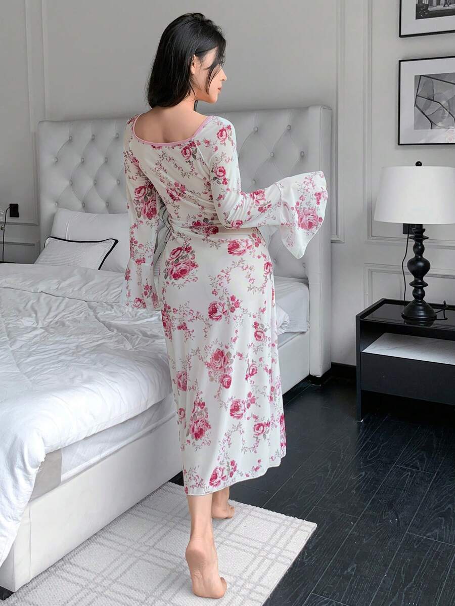 Nuisette fendue à encolure en V, manches évasées et imprimé floral sexy pour femmes