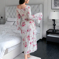 Nuisette fendue à encolure en V, manches évasées et imprimé floral sexy pour femmes