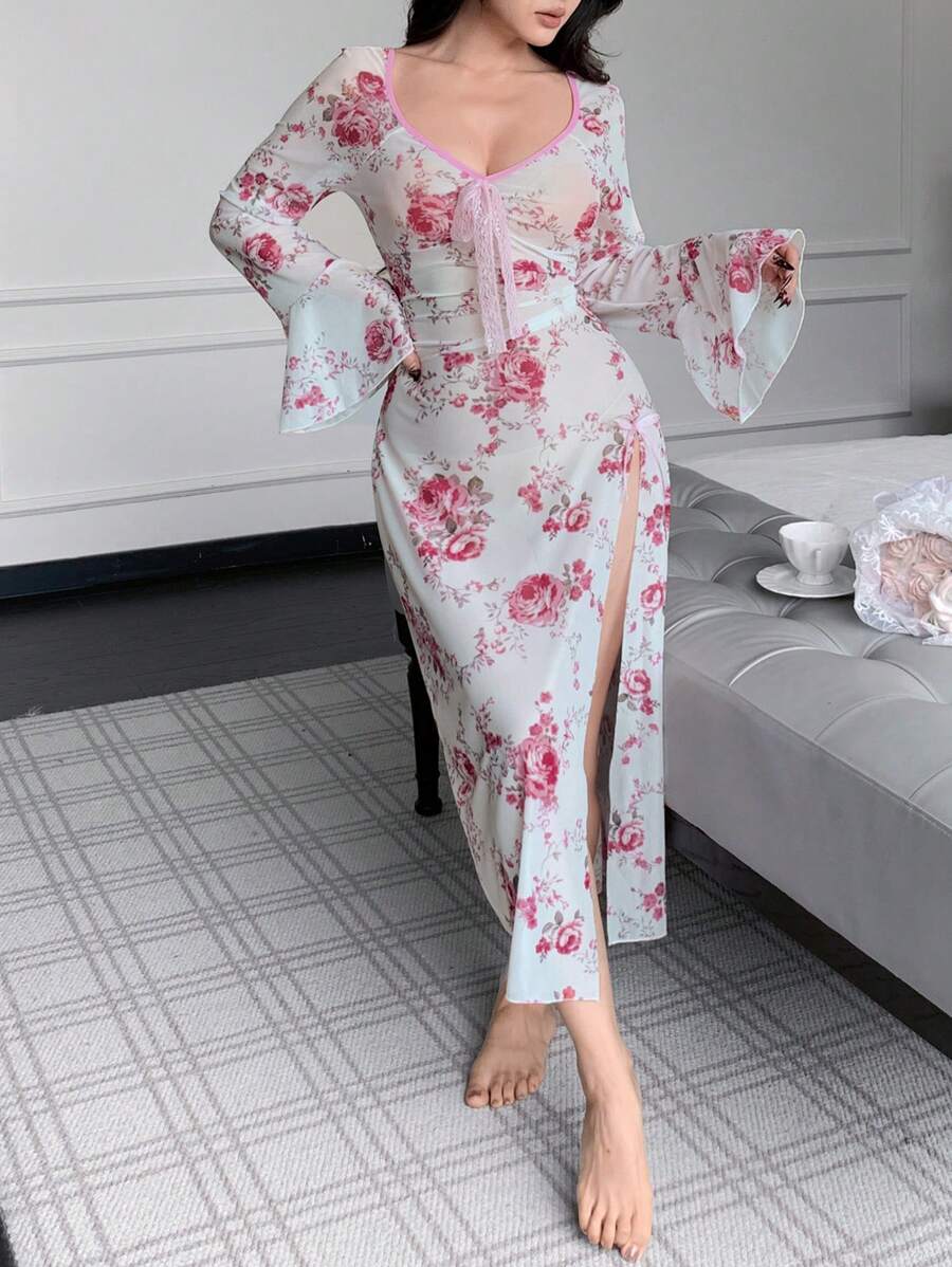 Nuisette fendue à encolure en V, manches évasées et imprimé floral sexy pour femmes