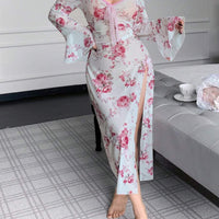 Nuisette fendue à encolure en V, manches évasées et imprimé floral sexy pour femmes