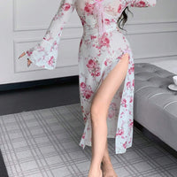 Nuisette fendue à encolure en V, manches évasées et imprimé floral sexy pour femmes