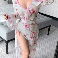 Nuisette fendue à encolure en V, manches évasées et imprimé floral sexy pour femmes