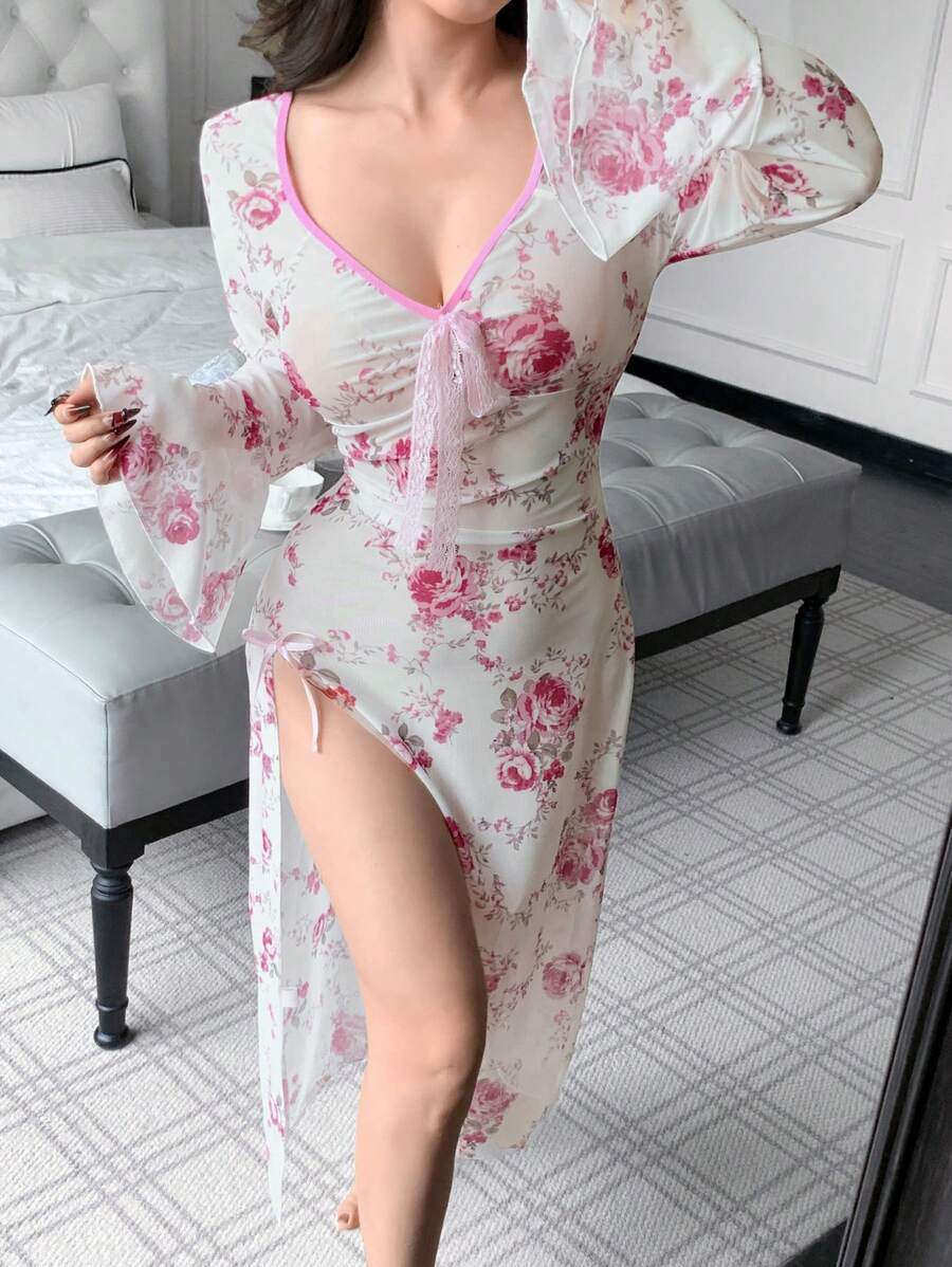 Nuisette fendue à encolure en V, manches évasées et imprimé floral sexy pour femmes