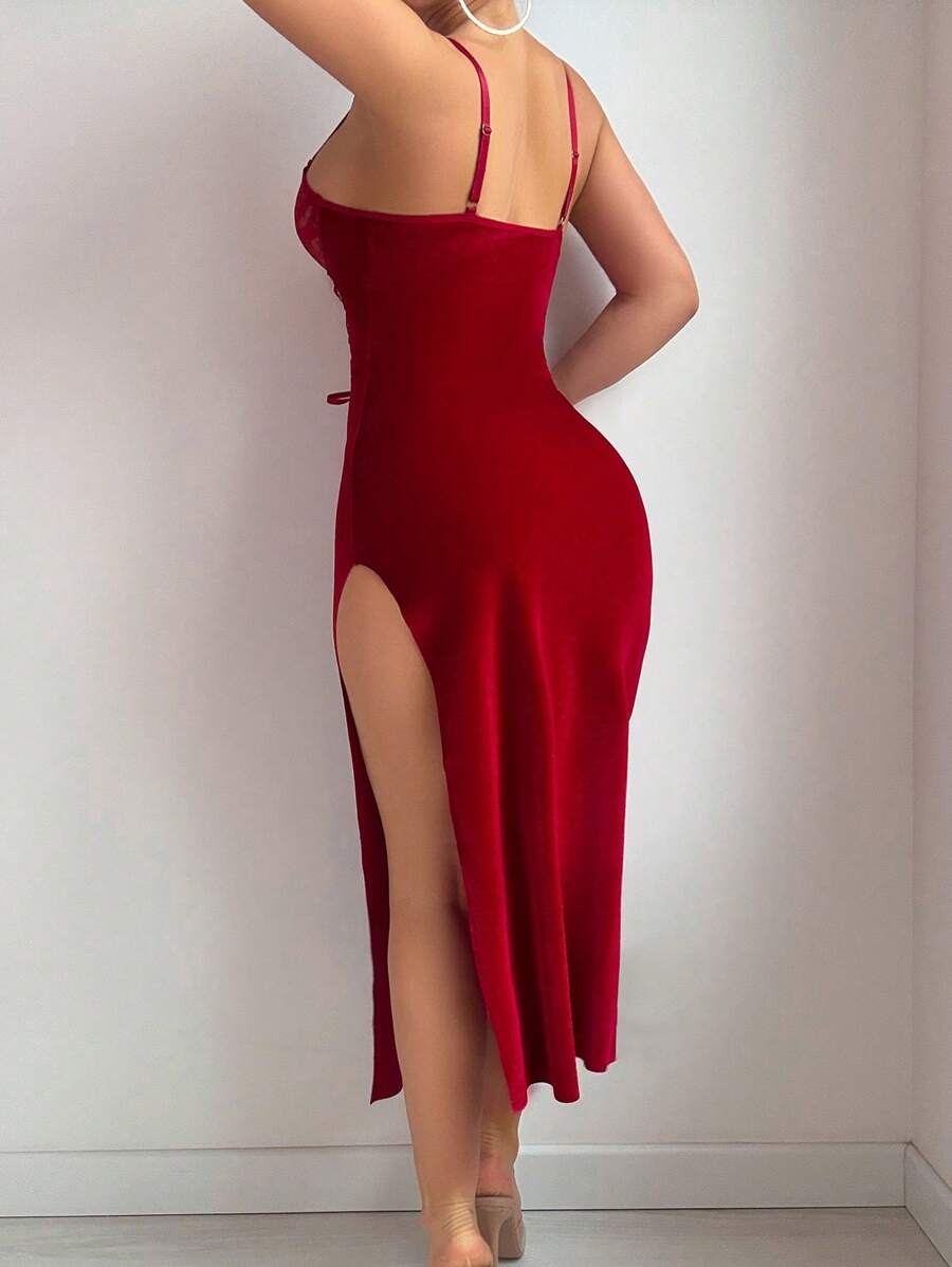 2 pièces/set Robe de nuit fendue sexy en velours avec dentelle rouge