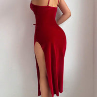 2 pièces/set Robe de nuit fendue sexy en velours avec dentelle rouge