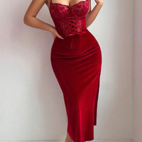 2 pièces/set Robe de nuit fendue sexy en velours avec dentelle rouge