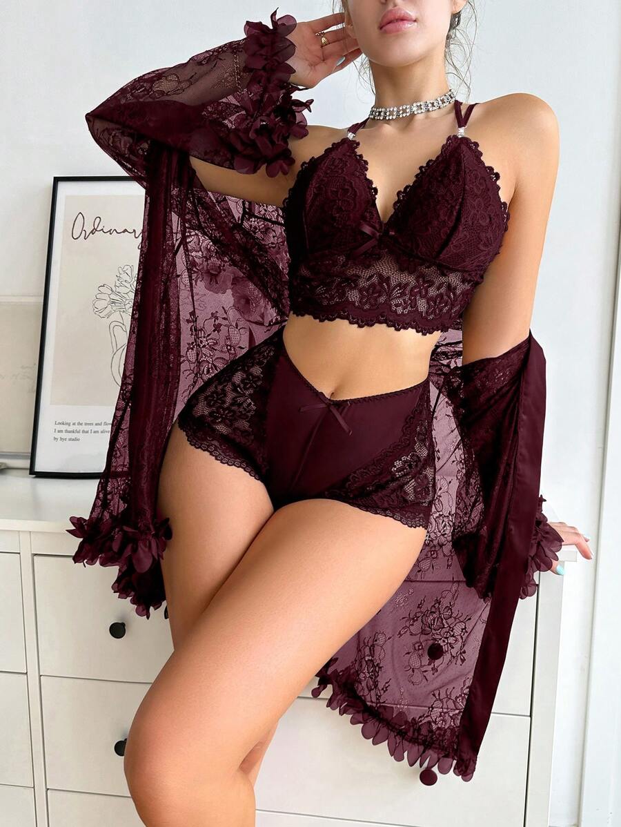 SilkySpell Ensemble de lingerie sexy avec patchwork en dentelle pour femmes