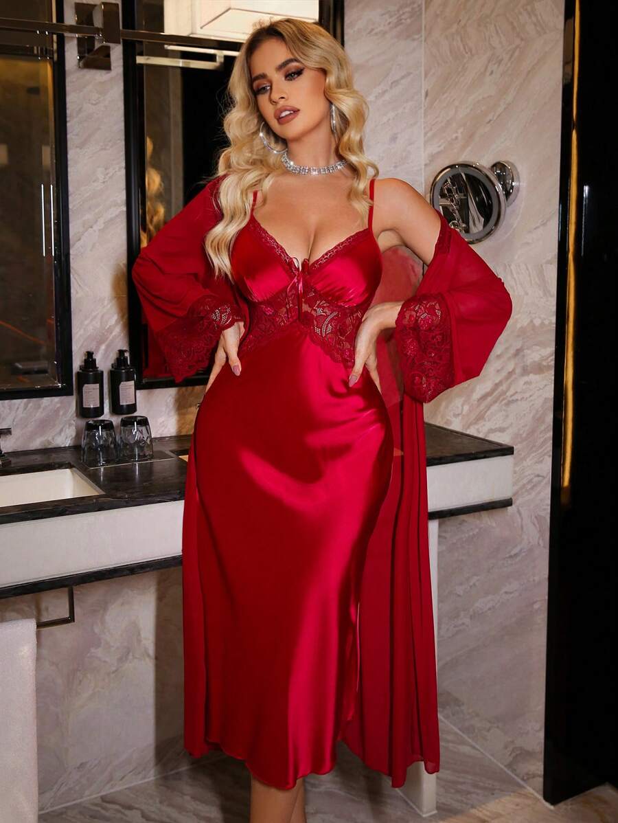 Ensemble de robe de chambre et de robe de nuit en satin élégant et dentelle, pour femmes, pour les vacances