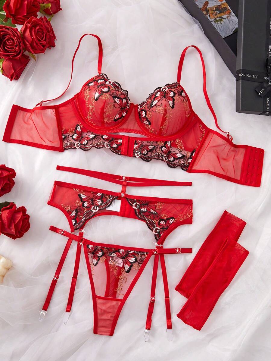 2 pièces/set Soutien-gorge avec armatures en maille sexy et broderie papillon pour femmes