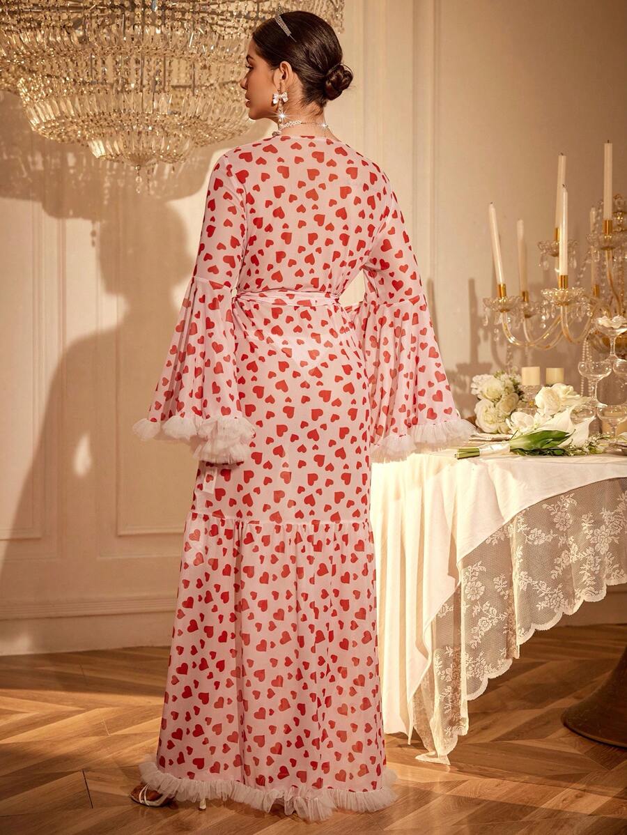 Nuisette maxi en maille avec imprimé cœur et ornement floral 3D