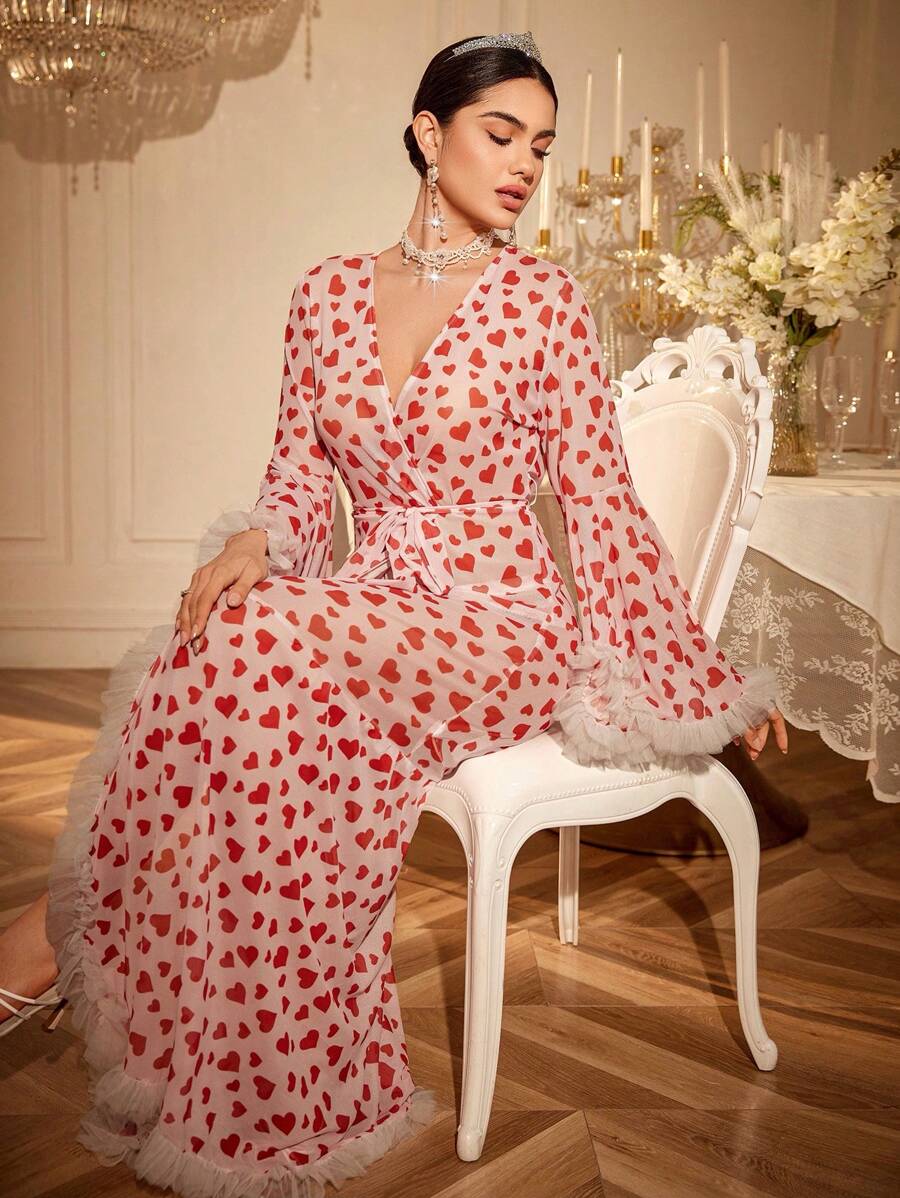 Nuisette maxi en maille avec imprimé cœur et ornement floral 3D