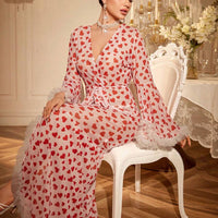 Nuisette maxi en maille avec imprimé cœur et ornement floral 3D