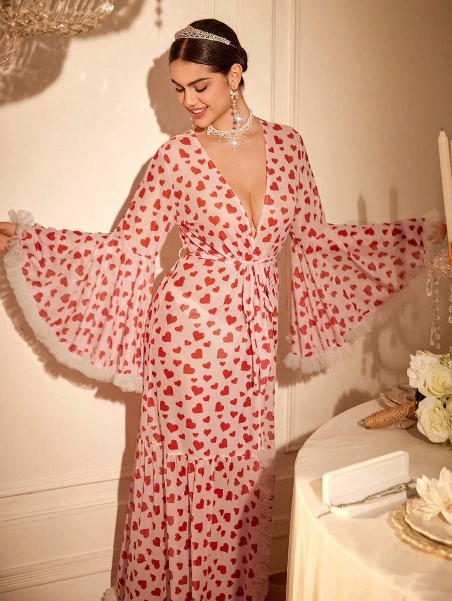 Nuisette maxi en maille avec imprimé cœur et ornement floral 3D